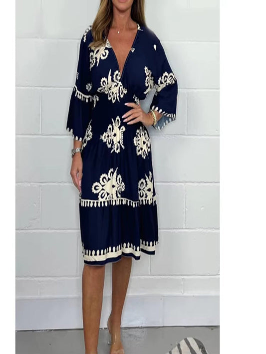 Spring Summer 3/4 Sleeve Party Midi Dresses Fashion Women V Neck Waist Tuck Printed Dress Elegant Female Casual Dress Vestidos